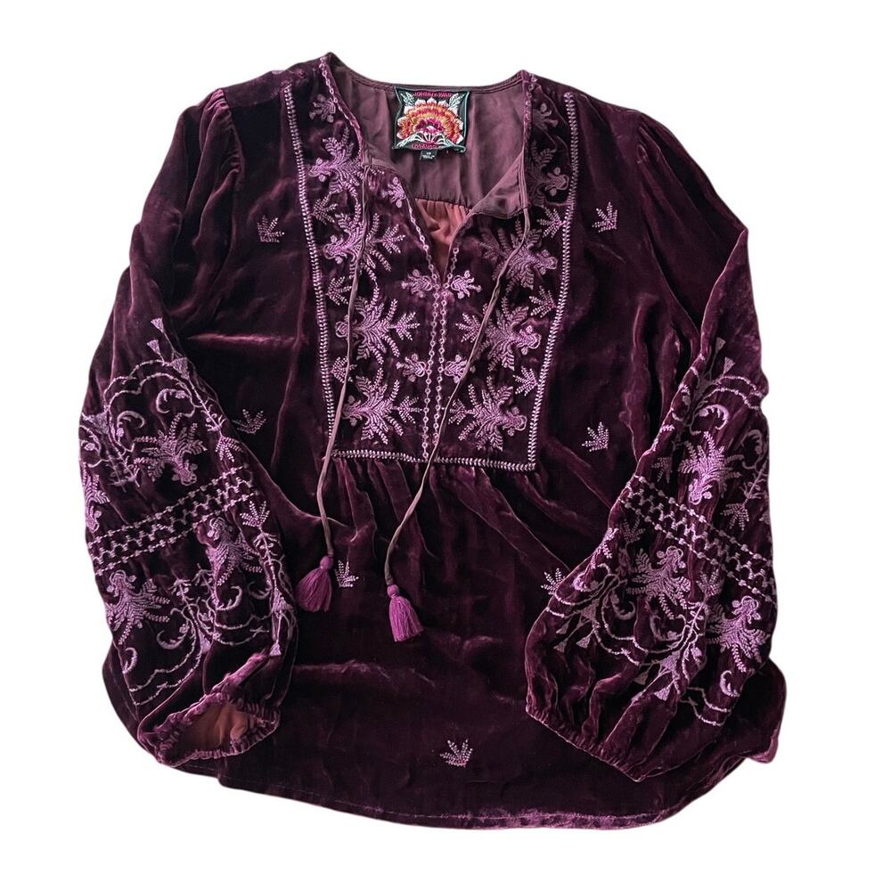 JOHNNY WAS Palmira Curved Hem Velvet Size XS Burgundy Embroidery Boho Prairie